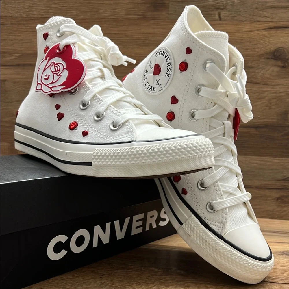 Converse White High-Tops with Red Heart Details